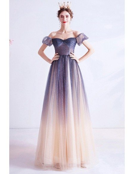Mistery Ombre Tulle Blue Star Off Shoulder Aline Long Prom Dress With  Sleeves Wholesale #T16039 - GemGrace.com