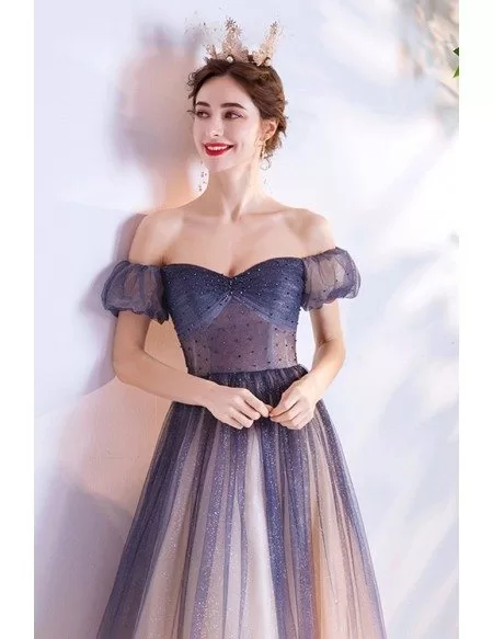 Mistery Ombre Tulle Blue Star Off Shoulder Aline Long Prom Dress With Sleeves
