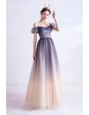 Mistery Ombre Tulle Blue Star Off Shoulder Aline Long Prom Dress With Sleeves