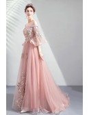 Beautiful Pink Off Shouler Long Prom Dress Tulle With Bell Sleeves