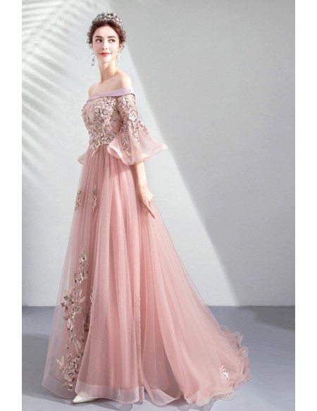 Beautiful Pink Off Shouler Long Prom Dress Tulle With Bell Sleeves