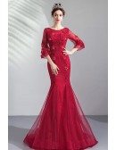 Burgundy Mermaid Formal Prom Dress Round Neck With Bell Sleeves