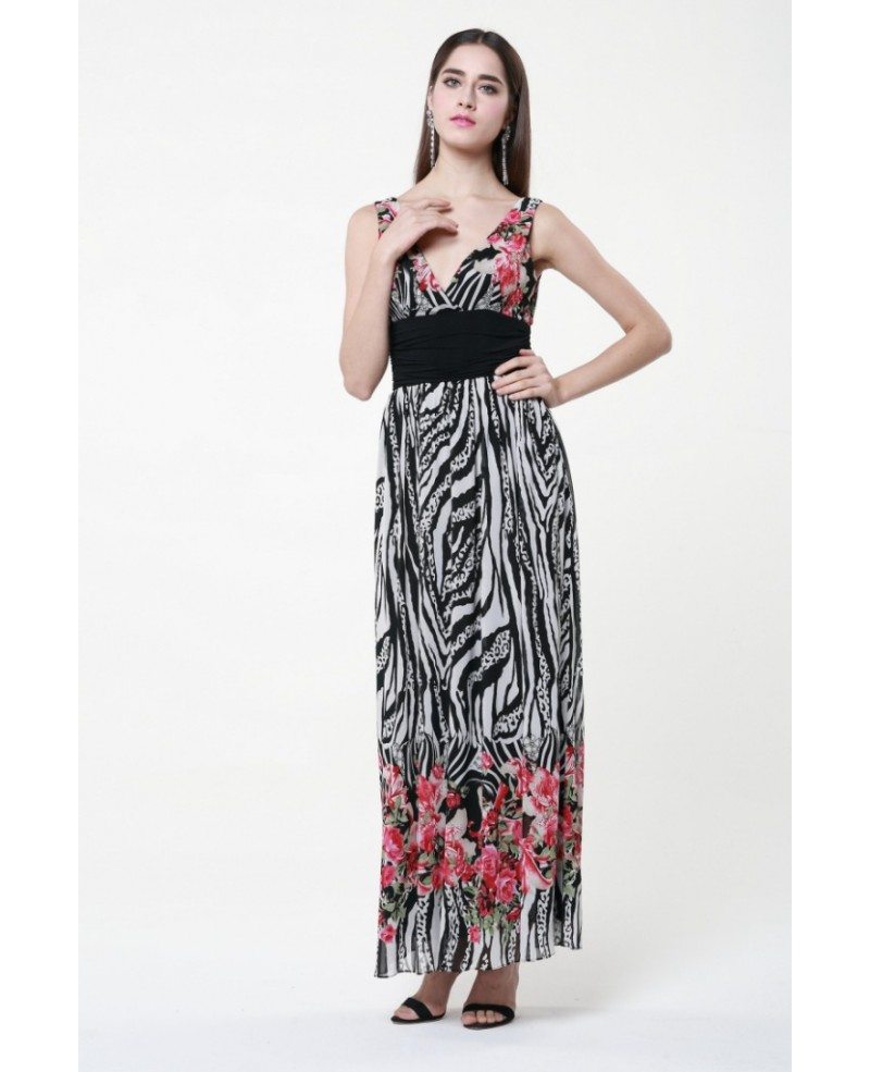 Unique High Waist Printed Chiffon Long Wedding Guest Dress