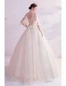 Champagne Sequined Ballgown Princess Prom Dress With Beaded Flower Puffy Sleeves