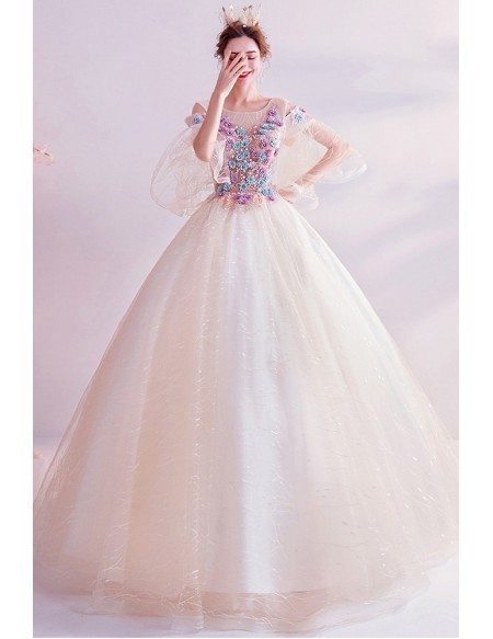 Champagne Sequined Ballgown Princess Prom Dress With Beaded Flower Puffy Sleeves