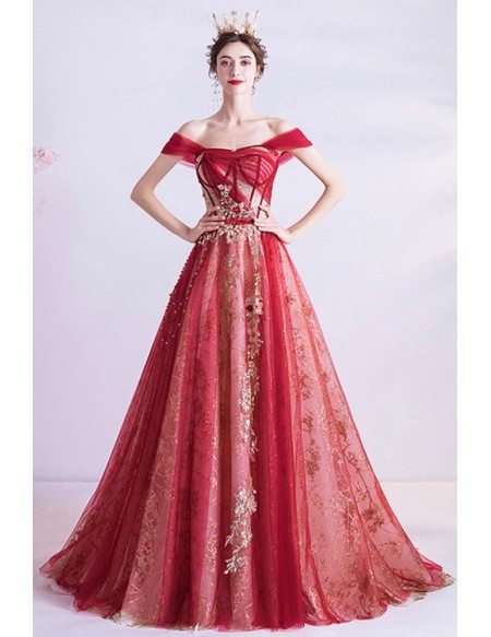 Red With Bling Gold Sequins Prom Dress With Corset Top