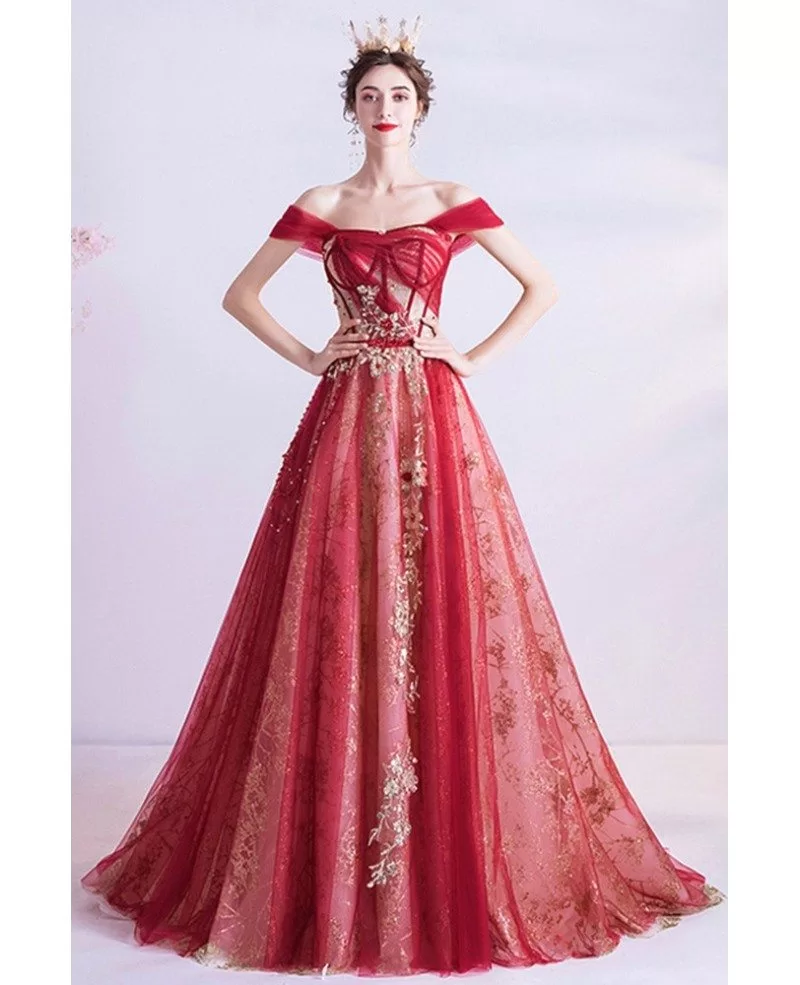 Red With Bling Gold Sequins Prom Dress With Corset Top Wholesale T16098