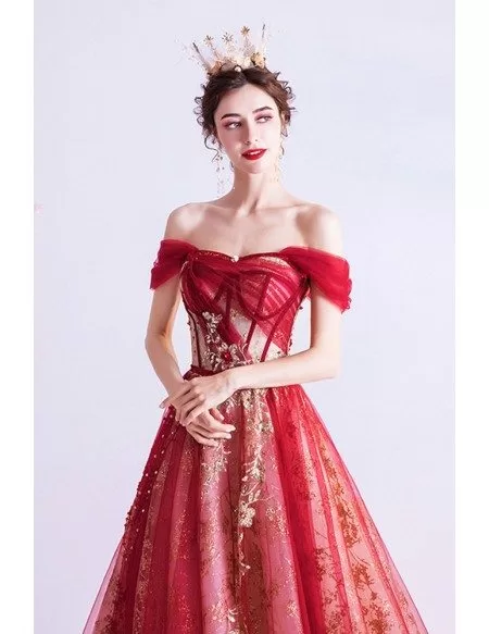 Red With Bling Gold Sequins Prom Dress With Corset Top