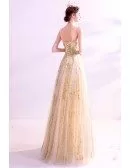 Formal Long Gold Aline Prom Dress With Spaghetti Straps