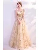 Formal Long Gold Aline Prom Dress With Spaghetti Straps
