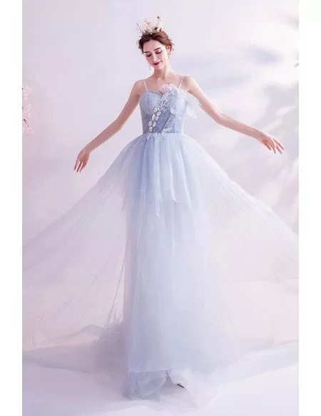 Fairytale Light Blue Flowy Long Tulle Prom Dress For Teens