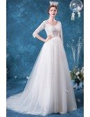Modest Round Neck Lace Half Sleeved Wedding Dress With Tulle