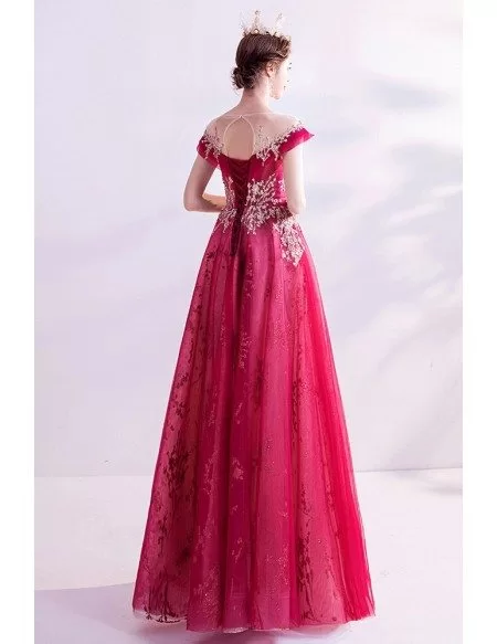 Red Tulle Aline Prom Dress With Bling Sequins Illusion Neckline
