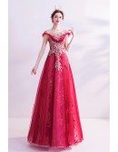 Red Tulle Aline Prom Dress With Bling Sequins Illusion Neckline