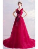 Vneck Pleated Tulle Formal Prom Dress With Bow Knot In Front