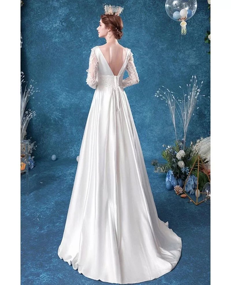 Romantic Vneck Satin Winter Wedding Dress With Lace Long Sleeves Wholesale T16028 GemGrace