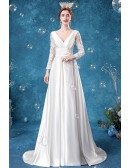 Romantic Vneck Satin Winter Wedding Dress With Lace Long Sleeves