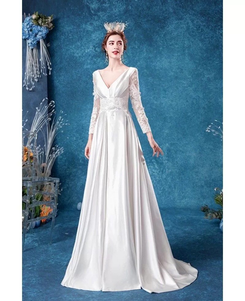 Romantic Vneck Satin Winter Wedding Dress With Lace Long Sleeves ...