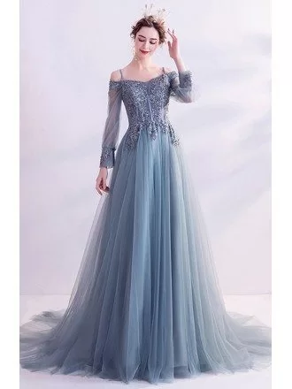 Dusty Flowy Long Tulle Gorgeous Prom Dress With Appliques Long Sleeves