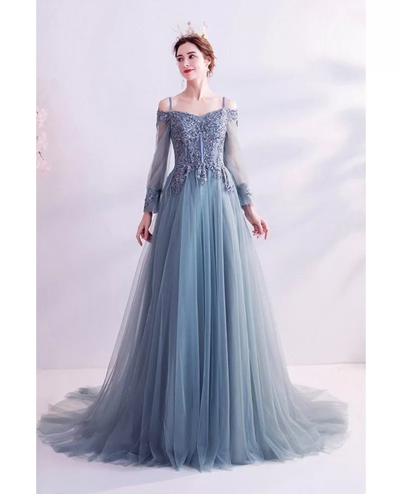 Dusty Flowy Long Tulle Gorgeous Prom Dress With Appliques Long Sleeves ...