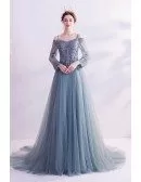 Dusty Flowy Long Tulle Gorgeous Prom Dress With Appliques Long Sleeves