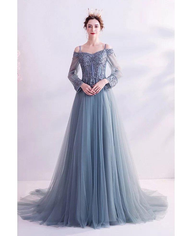 Dusty Flowy Long Tulle Gorgeous Prom Dress With Appliques Long Sleeves ...
