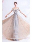 Elegant Ombre Grey Flowy Tulle Prom Dress With Off Shoulder Flowers