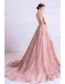 Pink With Gold Sequins Tulle Formal Dress Strapless With Train