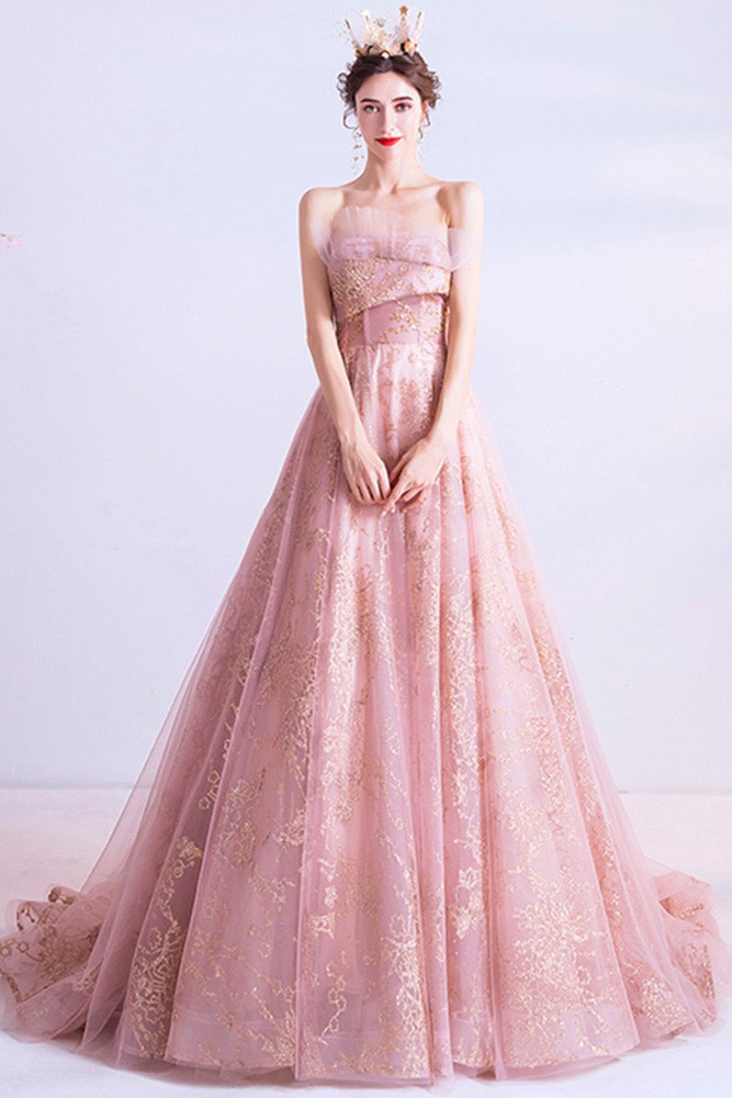 Pink With Gold Sequins Tulle Formal Dress Strapless With Train ...
