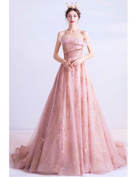 Pink With Gold Sequins Tulle Formal Dress Strapless With Train ...