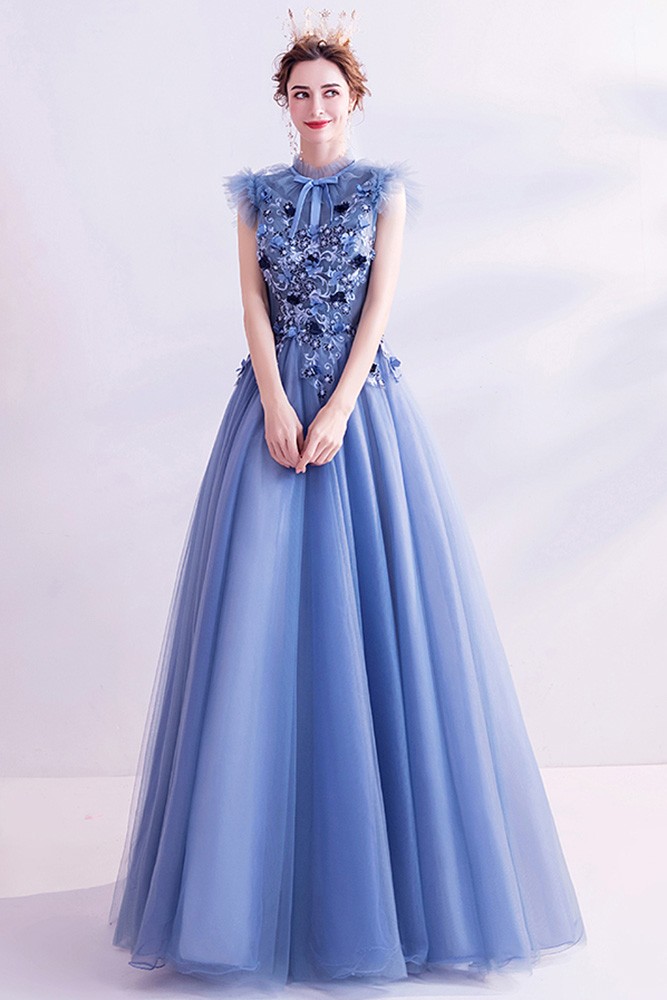 Retro High Neck Blue Aline Prom Dress With Flowers Wholesale #T16033 ...
