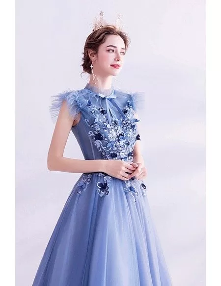 Retro High Neck Blue Aline Prom Dress With Flowers