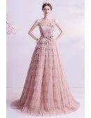 Beautiful Nude Pink Pleated Ballgown Formal Prom Dress With Flowers