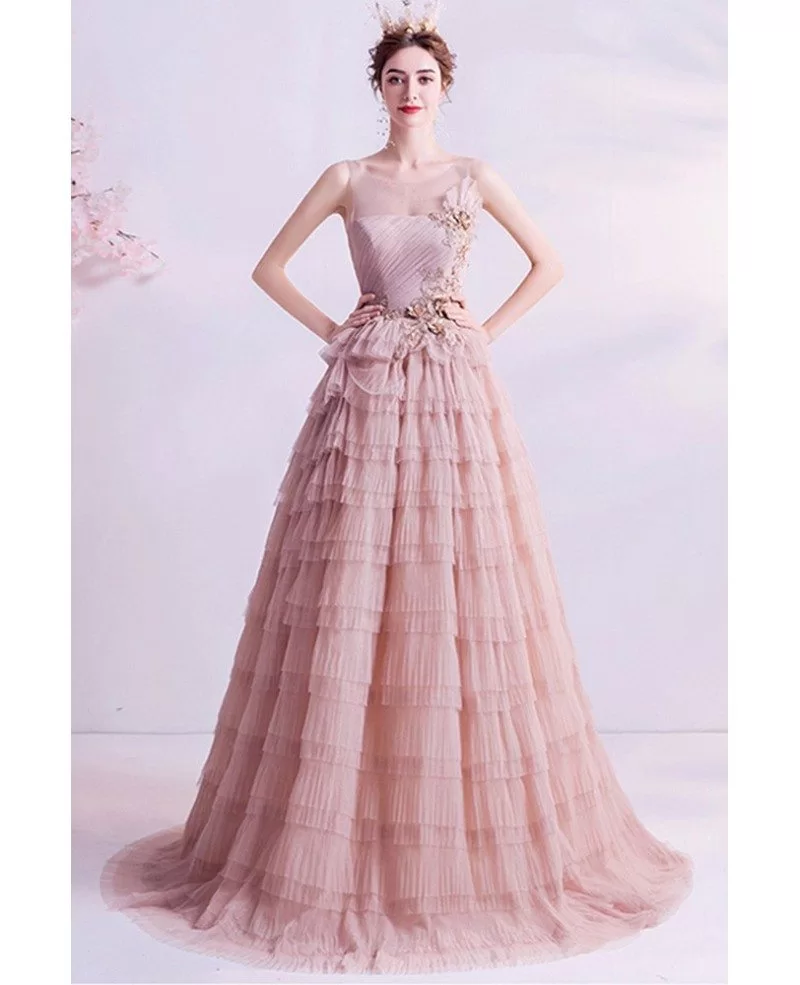 Beautiful Nude Pink Pleated Ballgown Formal Prom Dress With Flowers ...