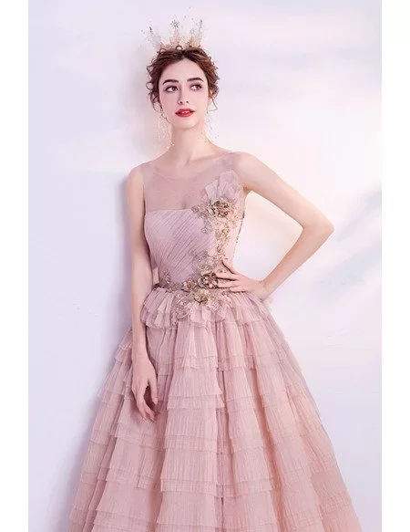 Beautiful Nude Pink Pleated Ballgown Formal Prom Dress With Flowers