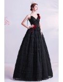 Gothic Black With Red Flowers Formal Prom Dress With Straps