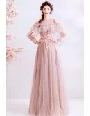 Gorgeous Nude Pink Flowy Tulle Long Prom Dress With Long Sleeves