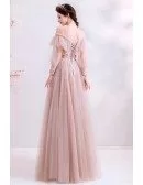 Gorgeous Nude Pink Flowy Tulle Long Prom Dress With Long Sleeves