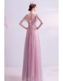 Pink Tulle Aline Vneck Gorgeous Prom Dress With Petals Puffy Sleeves