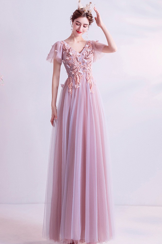 Pink Tulle Aline Vneck Gorgeous Prom Dress With Petals Puffy Sleeves ...