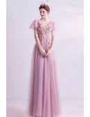 Pink Tulle Aline Vneck Gorgeous Prom Dress With Petals Puffy Sleeves