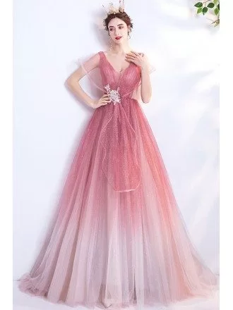 Unique Shinning Ombre Pink Ballgown Prom Dress With Puffy Sleeves