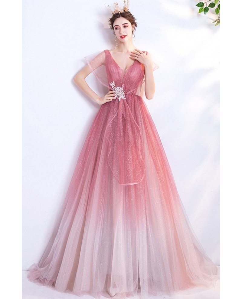 Unique Shinning Ombre Pink Ballgown Prom Dress With Puffy Sleeves ...