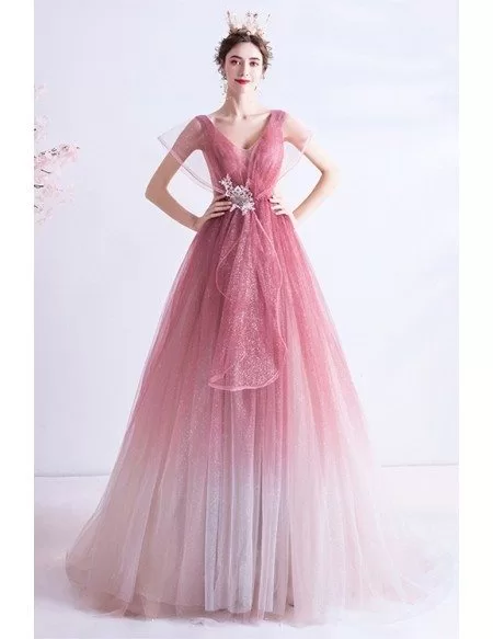 Unique Shinning Ombre Pink Ballgown Prom Dress With Puffy Sleeves