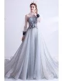 Stunning Light Blue Tulle Formal Prom Dress With Sheer Top Lantern Sleeves
