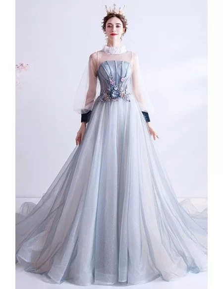 Stunning Light Blue Tulle Formal Prom Dress With Sheer Top Lantern Sleeves