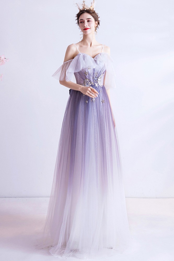 purple and white ombre prom dress Ombre Purple Aline Tulle Sequins Star Prom Dress With Straps