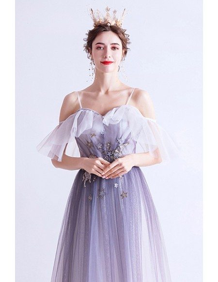 Ombre Purple Aline Tulle Sequins Star Prom Dress With Straps