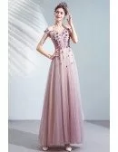 Dusty Purple Tulle Aline Cute Prom Dress With Flowers