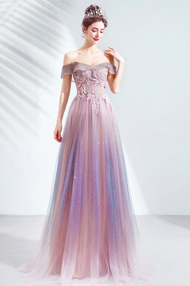Gorgeous Purple Pink Tulle Strapless Prom Dress With Petals Flowers ...